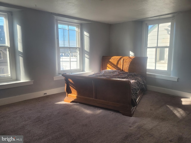 carpeted bedroom with baseboards, multiple windows, and a textured ceiling