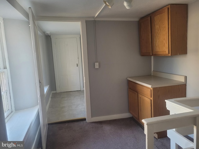 interior space featuring brown cabinets, baseboards, light countertops, and carpet