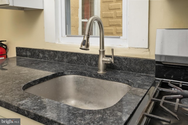 details with dark countertops and a sink