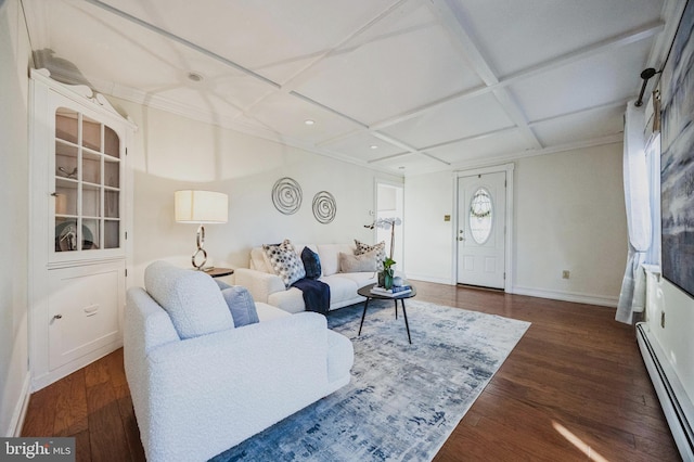 living room with coffered ceiling, wood finished floors, baseboards, and a baseboard radiator