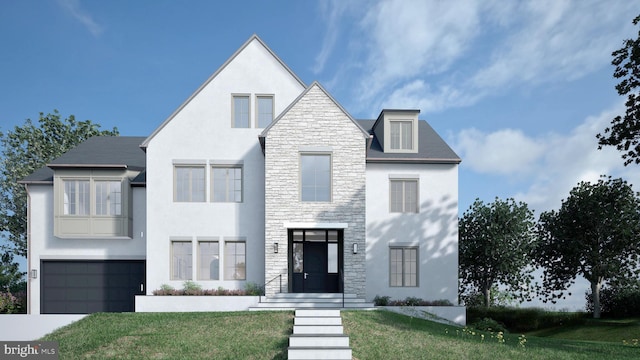 view of front of house with driveway, stucco siding, a front lawn, a garage, and stone siding