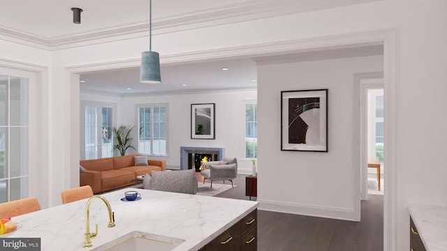 kitchen featuring light stone countertops, a warm lit fireplace, a sink, dark wood-type flooring, and crown molding