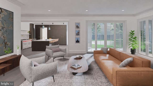 living area with recessed lighting, light wood-type flooring, and ornamental molding