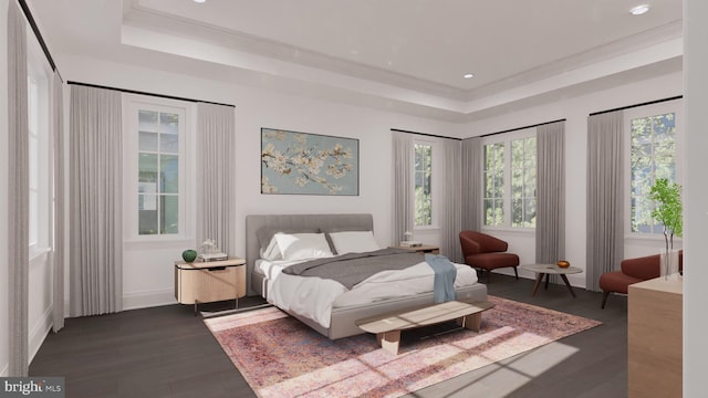 bedroom featuring recessed lighting, crown molding, a raised ceiling, and dark wood-type flooring