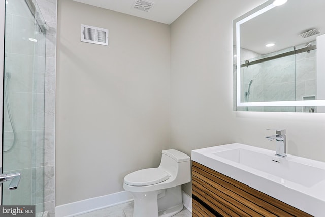 full bath featuring marble finish floor, visible vents, toilet, and a stall shower