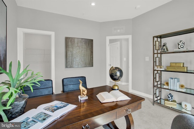 carpeted home office with recessed lighting, visible vents, and baseboards