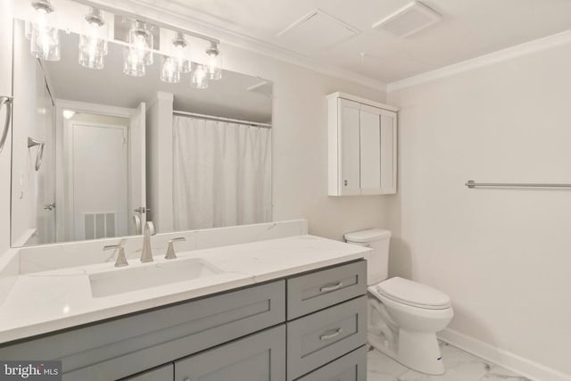 bathroom featuring visible vents, marble finish floor, toilet, and ornamental molding