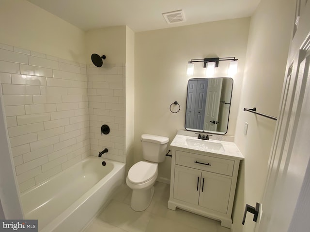 full bathroom featuring tile patterned flooring, visible vents, toilet, shower / bathtub combination, and vanity