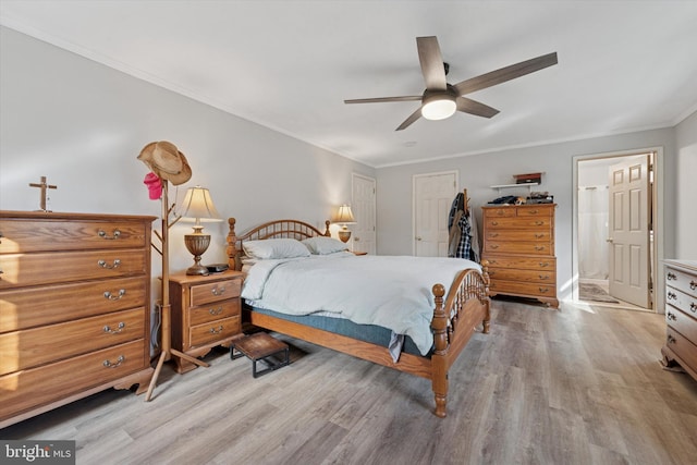 bedroom featuring ceiling fan, light wood-style flooring, a closet, and ornamental molding