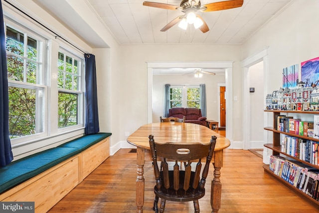 dining room with a healthy amount of sunlight, baseboards, ceiling fan, and wood-type flooring
