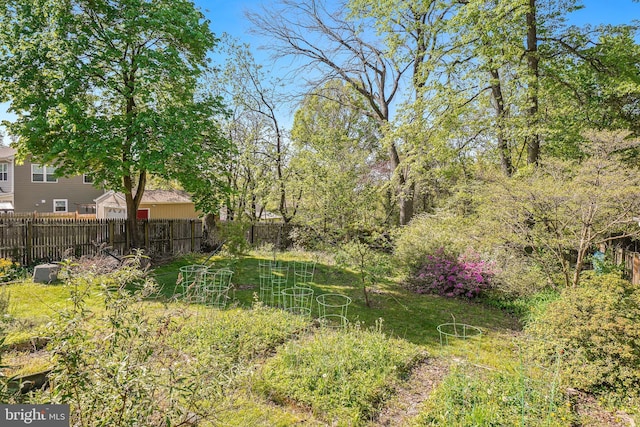 view of yard featuring fence and a vegetable garden
