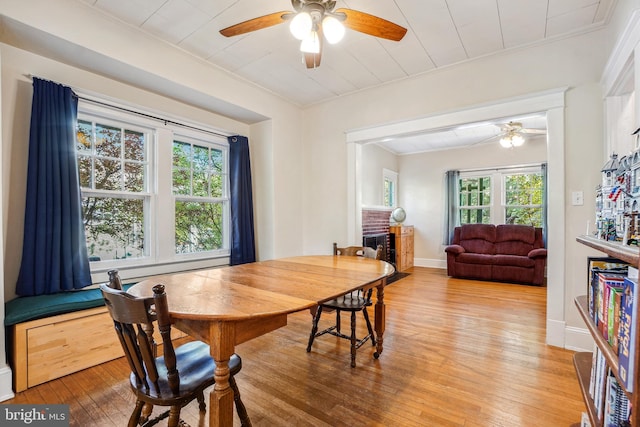 dining room with a ceiling fan, baseboards, ornamental molding, and light wood-style flooring