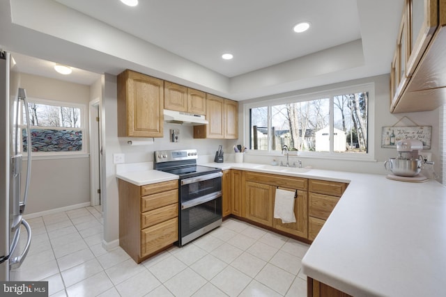 kitchen with under cabinet range hood, a healthy amount of sunlight, appliances with stainless steel finishes, and a sink