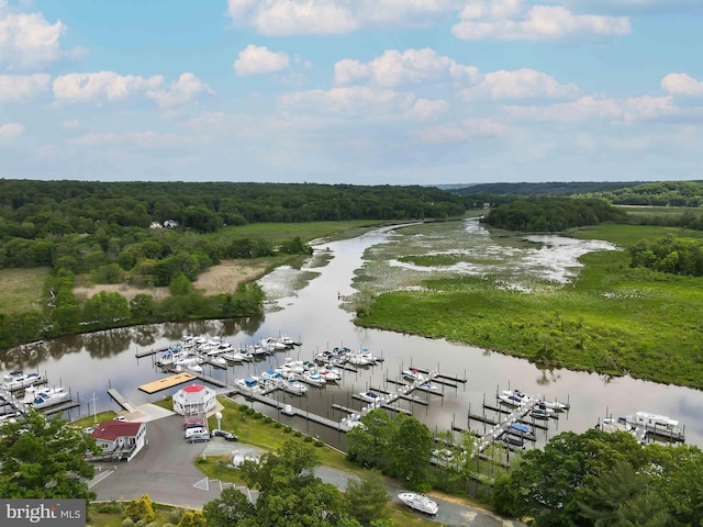 drone / aerial view featuring a water view