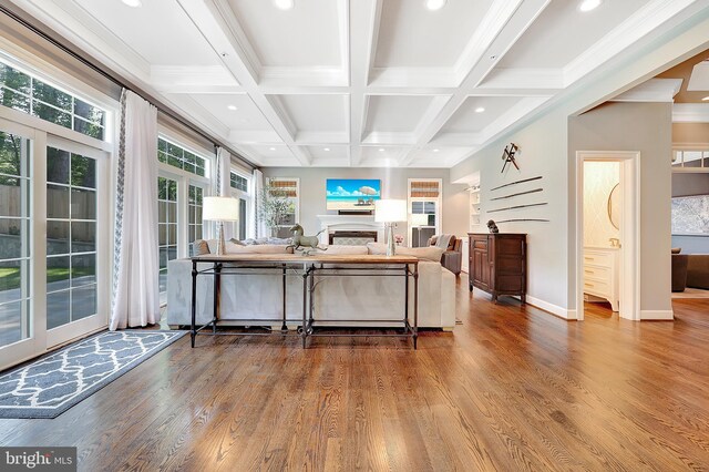 6813 Millwood Rd, Bethesda, MD 20817 - living area with wood finished floors, recessed lighting, beam ceiling, baseboards, and coffered ceiling
