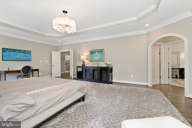 6813 Millwood Rd, Bethesda, MD 20817 - bedroom featuring a raised ceiling, wood finished floors, a chandelier, crown molding, and recessed lighting