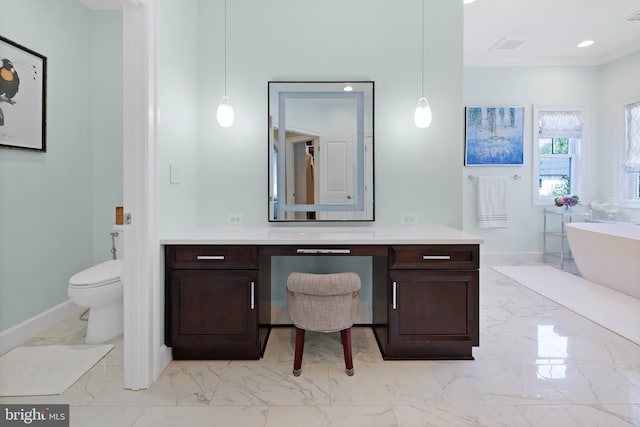 6813 Millwood Rd, Bethesda, MD 20817 - bathroom with marble finish floors, a soaking tub, toilet, ornamental molding, and baseboards