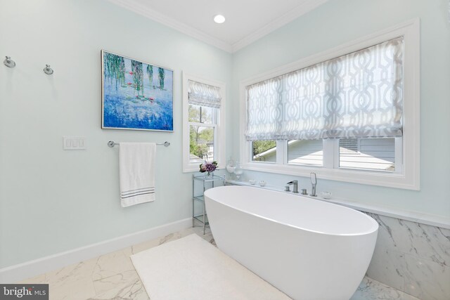6813 Millwood Rd, Bethesda, MD 20817 - full bathroom featuring marble finish floors, ornamental molding, a freestanding bath, baseboards, and recessed lighting