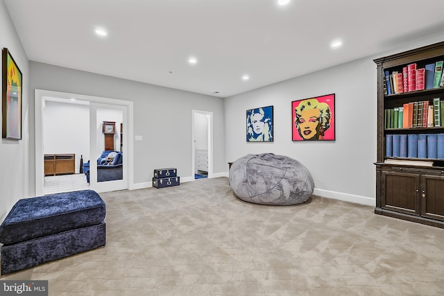 6813 Millwood Rd, Bethesda, MD 20817 - sitting room with recessed lighting, baseboards, and light colored carpet