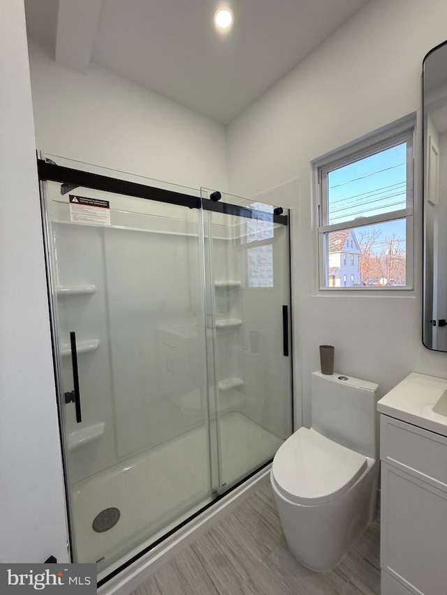 bathroom featuring vanity, a shower stall, and toilet