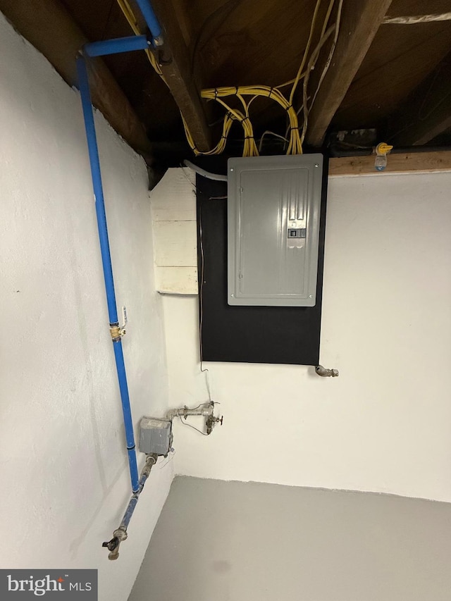 unfinished basement featuring electric panel