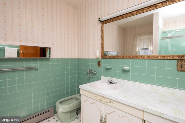 bathroom featuring a baseboard radiator, wallpapered walls, wainscoting, tile walls, and toilet