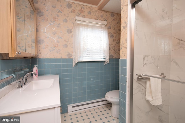 bathroom with wainscoting, a stall shower, wallpapered walls, and a baseboard radiator