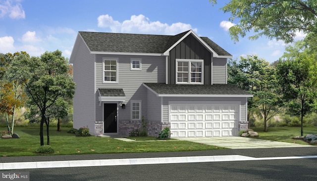 view of front of property with driveway, a shingled roof, a front lawn, a garage, and board and batten siding