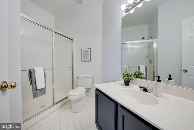 full bathroom with vanity, visible vents, a stall shower, tile patterned flooring, and toilet