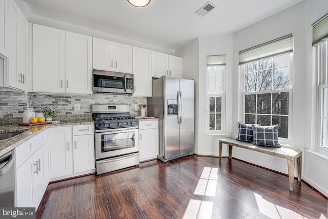 kitchen with stainless steel appliances, plenty of natural light, visible vents, and dark wood-style floors