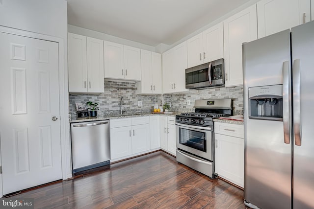 kitchen featuring a sink, stainless steel appliances, tasteful backsplash, and dark wood finished floors