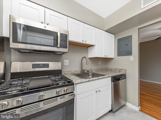 kitchen featuring visible vents, electric panel, a sink, appliances with stainless steel finishes, and marble finish floor