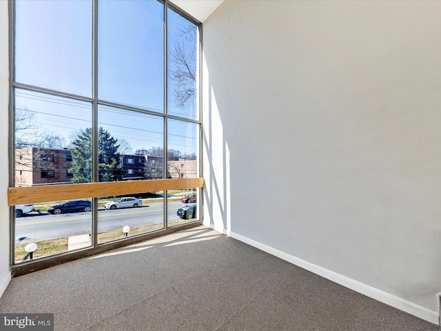 carpeted spare room featuring plenty of natural light, baseboards, and expansive windows