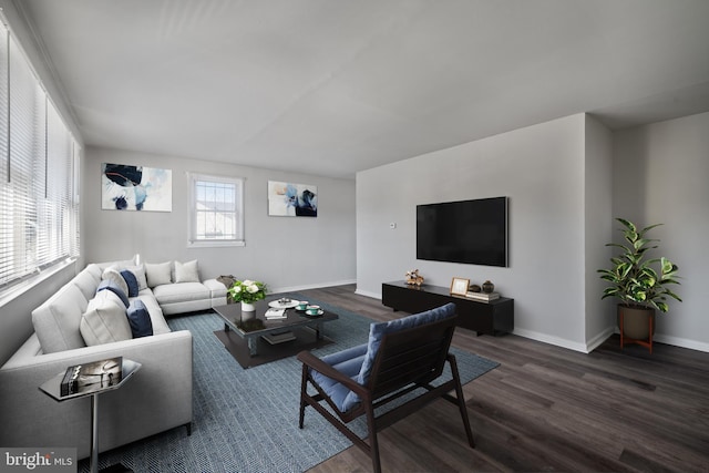 living area with baseboards, plenty of natural light, and dark wood-type flooring