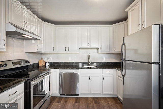 kitchen featuring under cabinet range hood, dark wood-style floors, white cabinets, stainless steel appliances, and a sink