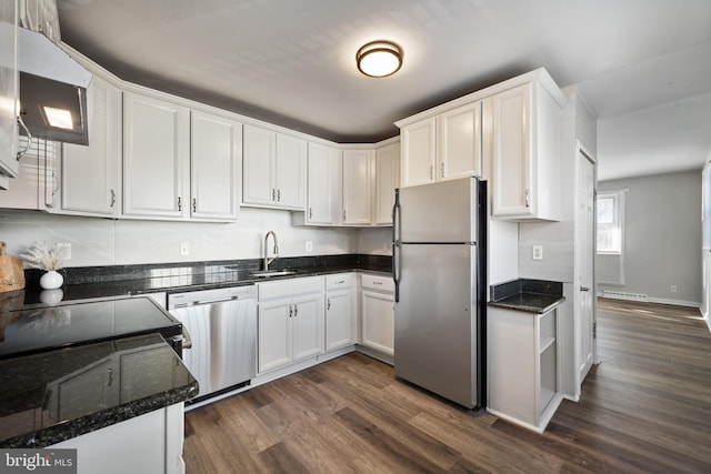 kitchen featuring a sink, stainless steel appliances, dark wood finished floors, and white cabinetry