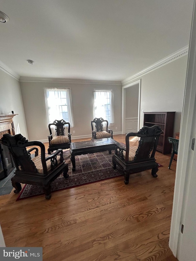 living room with a fireplace, wood finished floors, and crown molding