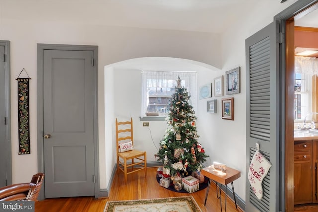 sitting room with arched walkways, plenty of natural light, baseboards, and wood finished floors