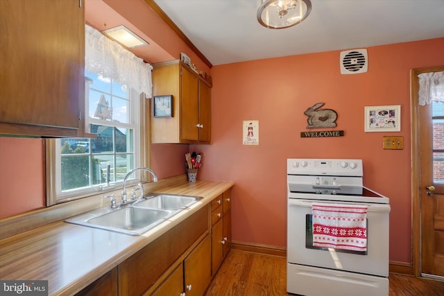 kitchen with electric range, visible vents, a sink, wood finished floors, and light countertops