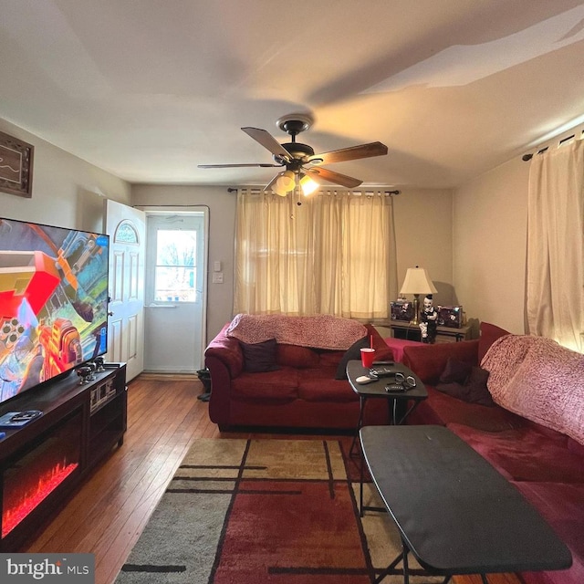 living room featuring ceiling fan and hardwood / wood-style floors