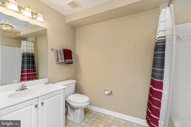 full bath with tile patterned floors, visible vents, toilet, baseboards, and vanity