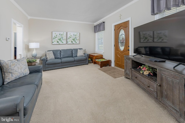 living room with light colored carpet and ornamental molding