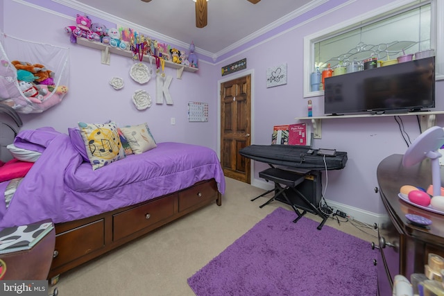 bedroom featuring crown molding, carpet, baseboards, and ceiling fan