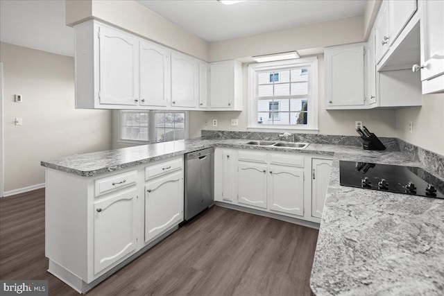 kitchen featuring a peninsula, a sink, white cabinets, stainless steel dishwasher, and black electric stovetop