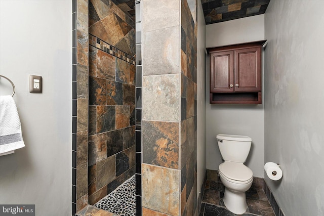 full bathroom featuring stone tile flooring, toilet, and walk in shower