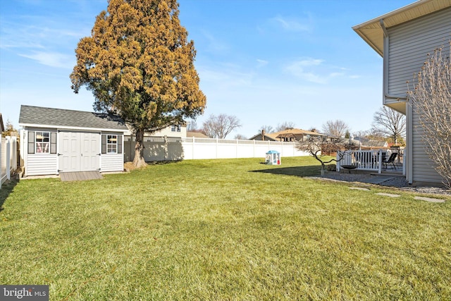 view of yard with an outbuilding and a fenced backyard