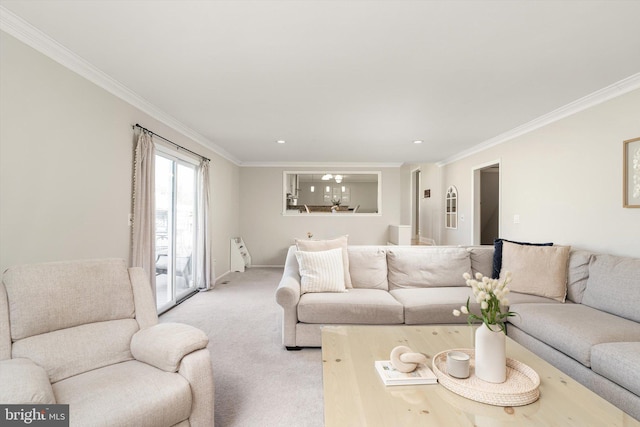 living area with light carpet, recessed lighting, radiator, and crown molding