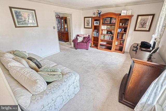 living area with carpet flooring and crown molding