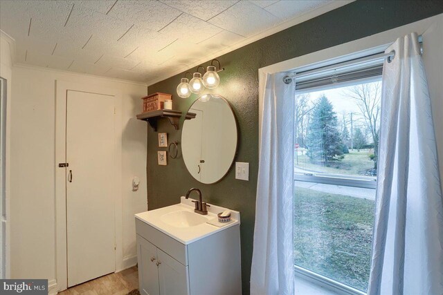 bathroom featuring vanity, crown molding, and a textured wall