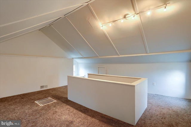 additional living space featuring visible vents, carpet floors, and lofted ceiling